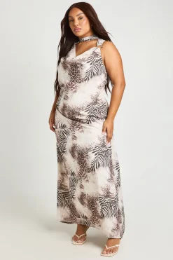 Robe Maxi En Mousseline Grande Taille À Imprimé Animalier Mixte Avec Détail Foulard