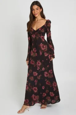 boohoo Robe Maxi En Mousseline À Imprimé Floral Tonal Et Manches Évasées<Femme Robes À Manches Longues|Robes