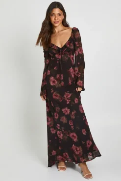 boohoo Robe Maxi En Mousseline À Imprimé Floral Tonal Et Manches Évasées<Femme Robes À Manches Longues|Robes