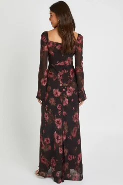 boohoo Robe Maxi En Mousseline À Imprimé Floral Tonal Et Manches Évasées<Femme Robes À Manches Longues|Robes