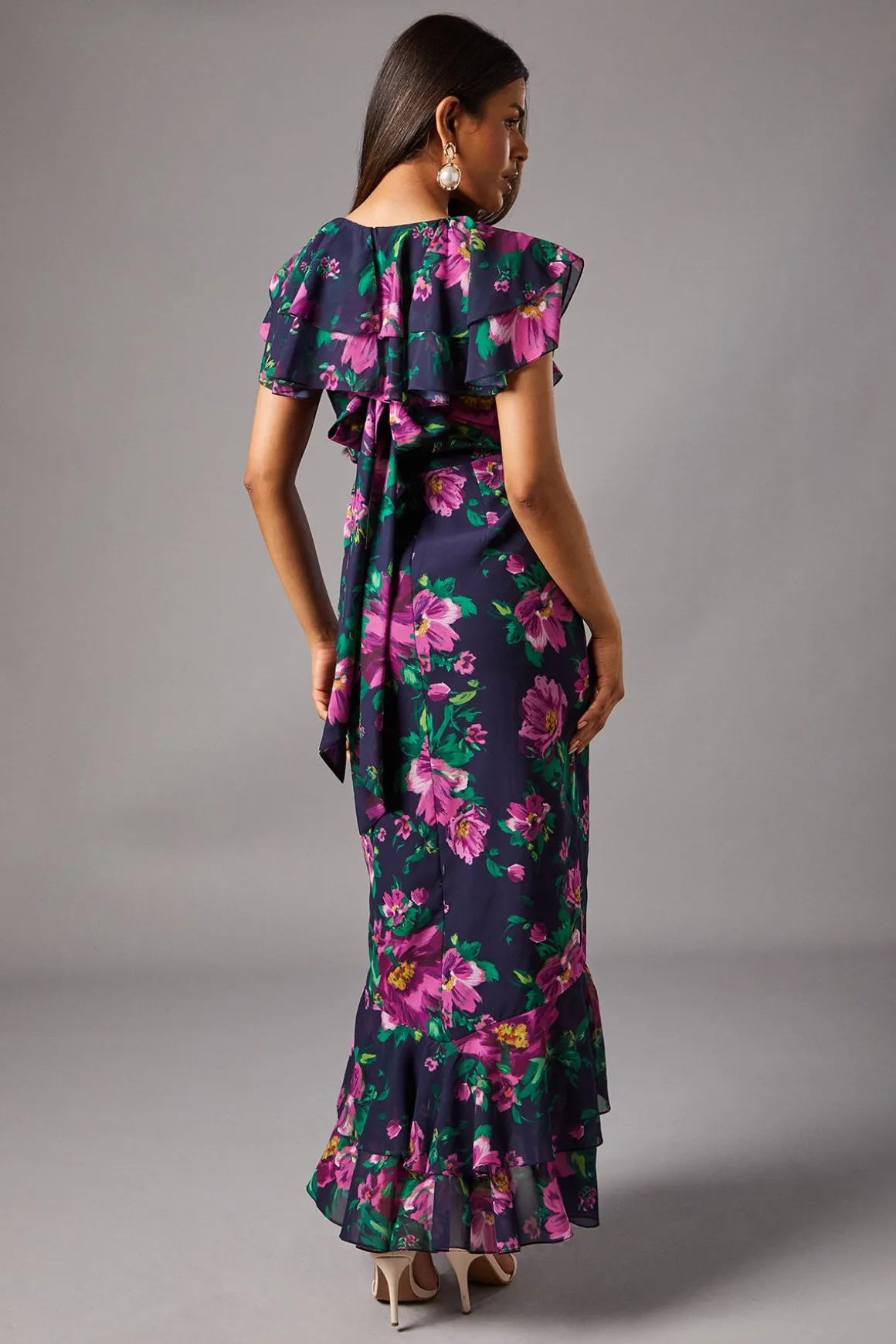 Robe Maxi en Mousseline à Manches Courtes avec Volants - Taille Petite