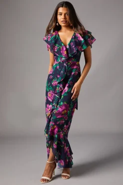 Robe Maxi en Mousseline à Manches Courtes avec Volants - Taille Petite