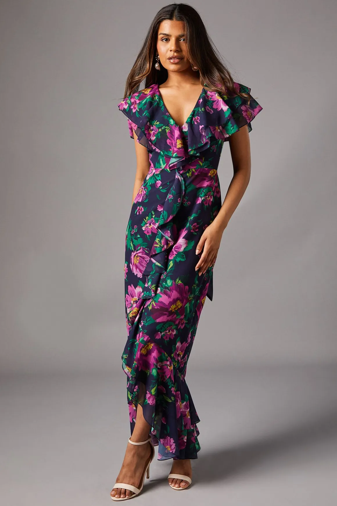 Robe Maxi en Mousseline à Manches Courtes avec Volants - Taille Petite