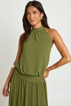 Robe Maxi En Mousseline À Taille Basse Froncée Et Col Licou