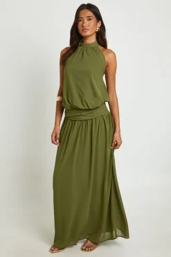 Robe Maxi En Mousseline À Taille Basse Froncée Et Col Licou