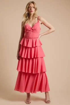 Robe Maxi En Mousseline À Volants Étagés Et Bretelles Tressées