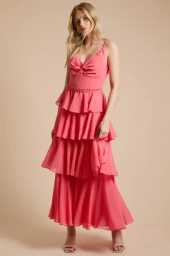 Robe Maxi En Mousseline À Volants Étagés Et Bretelles Tressées