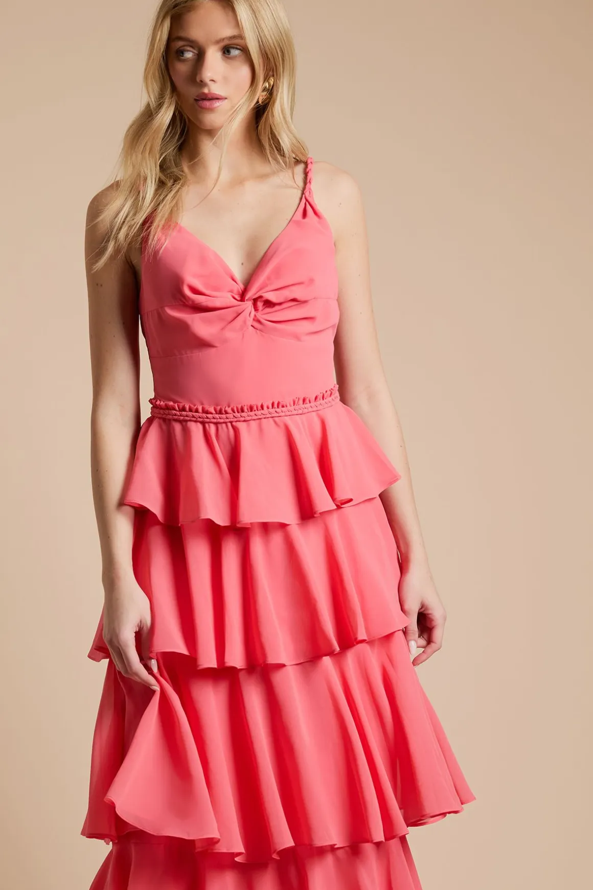 Robe Maxi En Mousseline À Volants Étagés Et Bretelles Tressées