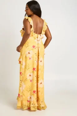 Robe Maxi En Mousseline À Volants Et Col En V Avec Imprimé Floral Grande Taille