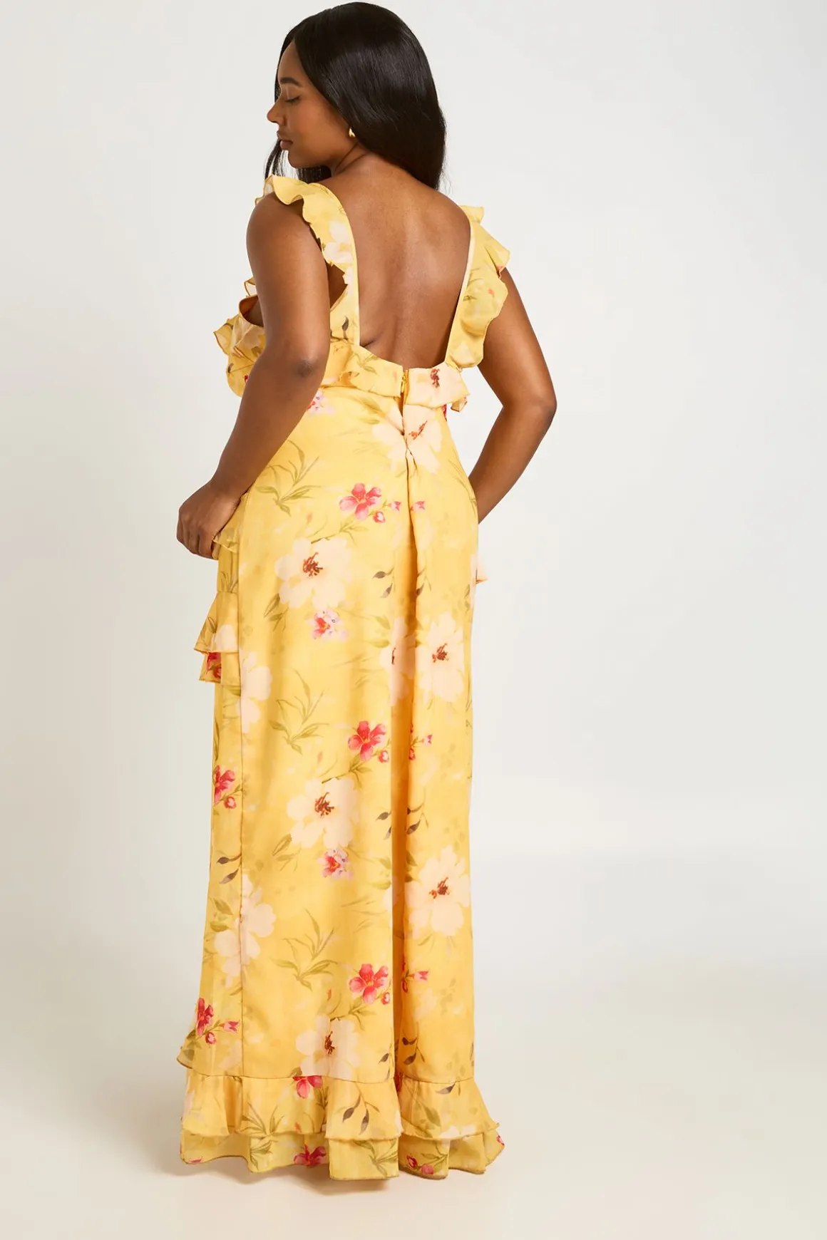 Robe Maxi En Mousseline À Volants Et Col En V Avec Imprimé Floral Grande Taille