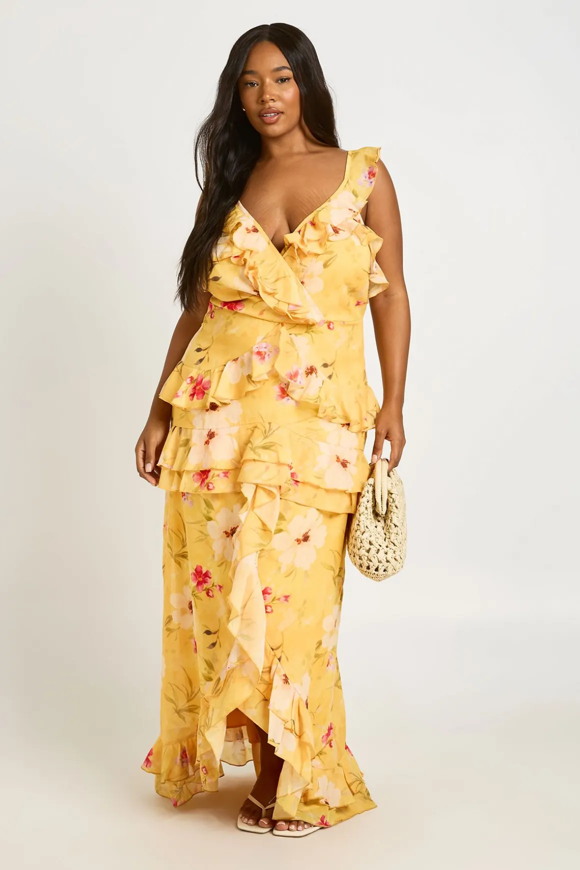 Robe Maxi En Mousseline À Volants Et Col En V Avec Imprimé Floral Grande Taille