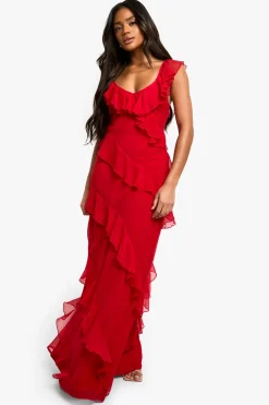 Robe maxi en mousseline à volants et à bretelles