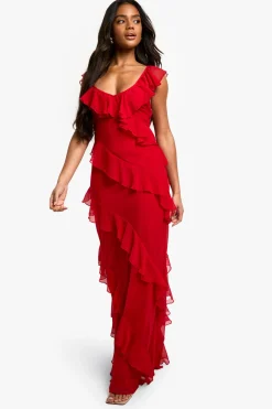 Robe maxi en mousseline à volants et à bretelles