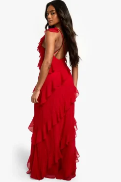 Robe maxi en mousseline à volants et à bretelles