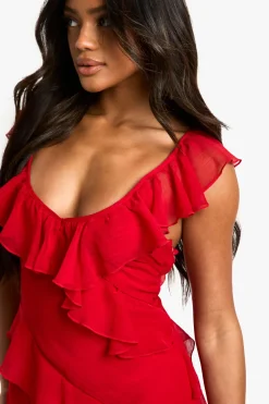 Robe maxi en mousseline à volants et à bretelles