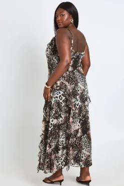 Robe Maxi En Mousseline À Volants Imprimé Léopard Grande Taille