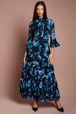 Robe Maxi en Mousseline à Volants Plissés