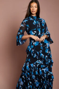 Robe Maxi en Mousseline à Volants Plissés