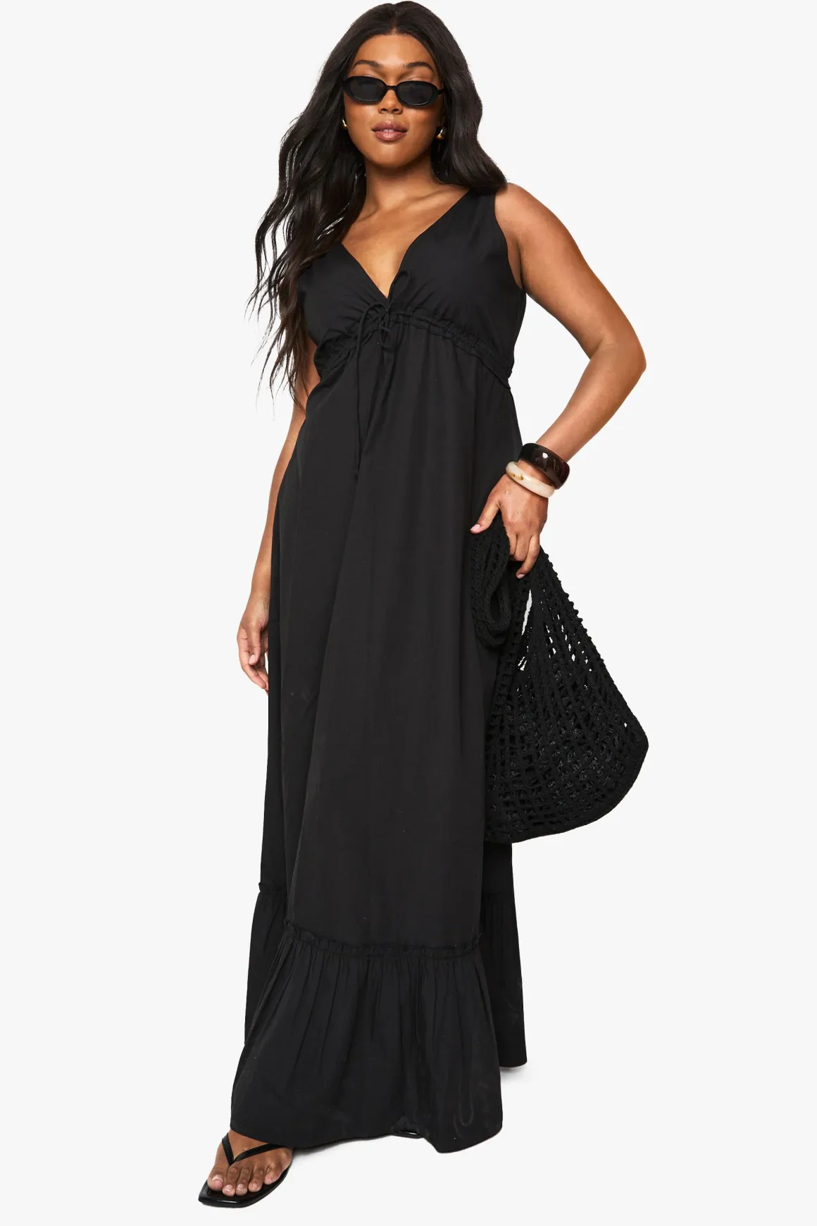 Robe maxi en popeline de coton à fronces et détails de nouage