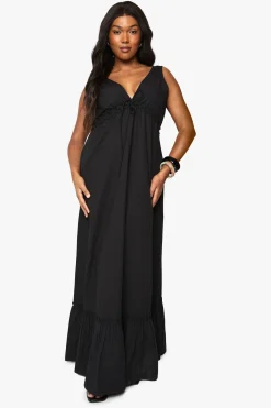 Robe maxi en popeline de coton à fronces et détails de nouage