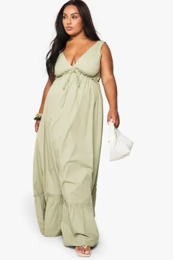 boohoo Robe maxi en popeline de coton à effet froncé avec détail de nœud<Femme Robes Bohème|Robes