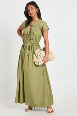 Robe Maxi En Popeline De Coton Avec Fronces Devant Et Lien À Nouer Petite Taille
