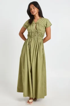 Robe Maxi En Popeline De Coton Avec Fronces Devant Et Lien À Nouer Petite Taille