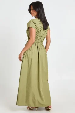 Robe Maxi En Popeline De Coton Avec Fronces Devant Et Lien À Nouer Petite Taille