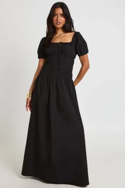 Robe Maxi En Popeline De Coton À Corsage Froncé Et Manches Bouffantes