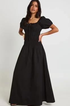 Robe Maxi En Popeline De Coton À Corsage Froncé Et Manches Bouffantes