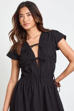 boohoo Robe Maxi En Popeline De Coton Avec Fronces Devant Et Lien À Nouer<Femme Robes Patineuses|Robes