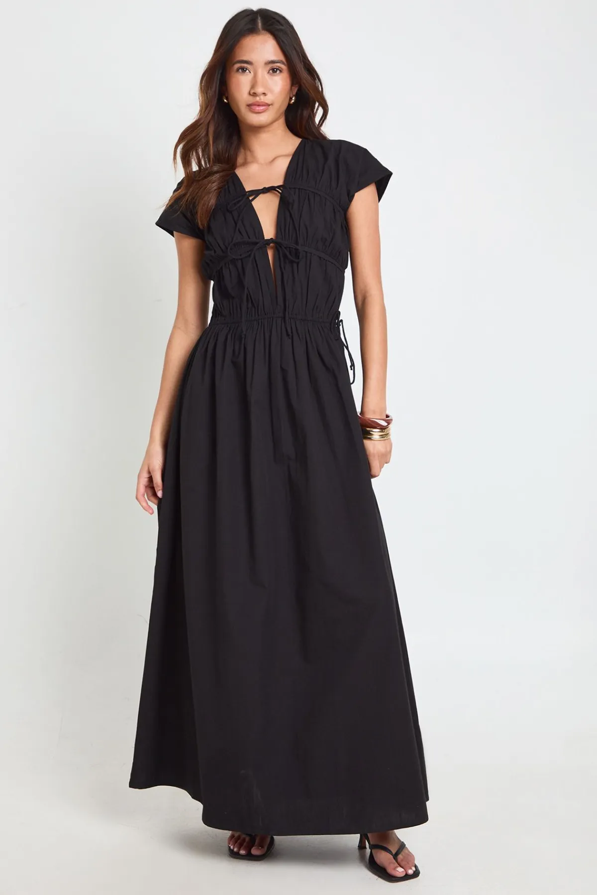 boohoo Robe Maxi En Popeline De Coton Avec Fronces Devant Et Lien À Nouer<Femme Robes Patineuses|Robes