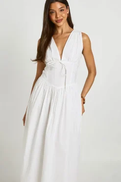 boohoo Robe Maxi En Popeline De Coton À Décolleté En V Profond Et Détail Taille Cintrée<Femme Robes Patineuses|Robes