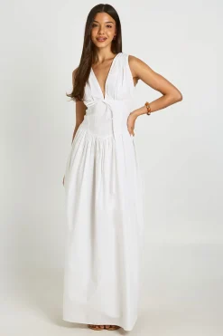 boohoo Robe Maxi En Popeline De Coton À Décolleté En V Profond Et Détail Taille Cintrée<Femme Robes Patineuses|Robes
