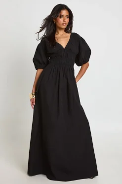 boohoo Robe Maxi En Popeline De Coton À Corsage Froncé Col En V Et Manches Bouffantes<Femme Robes Patineuses|Robes