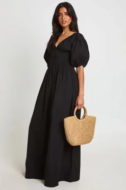 boohoo Robe Maxi En Popeline De Coton À Corsage Froncé Col En V Et Manches Bouffantes<Femme Robes Patineuses|Robes