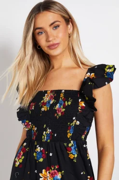 Dorothy Perkins Robe Maxi En Popeline Imprimée À Motif Floral Avec Bustier Froncé Manches À Volants Et Ourlet Étagé<Femme Robes Mi-Longues|Robes