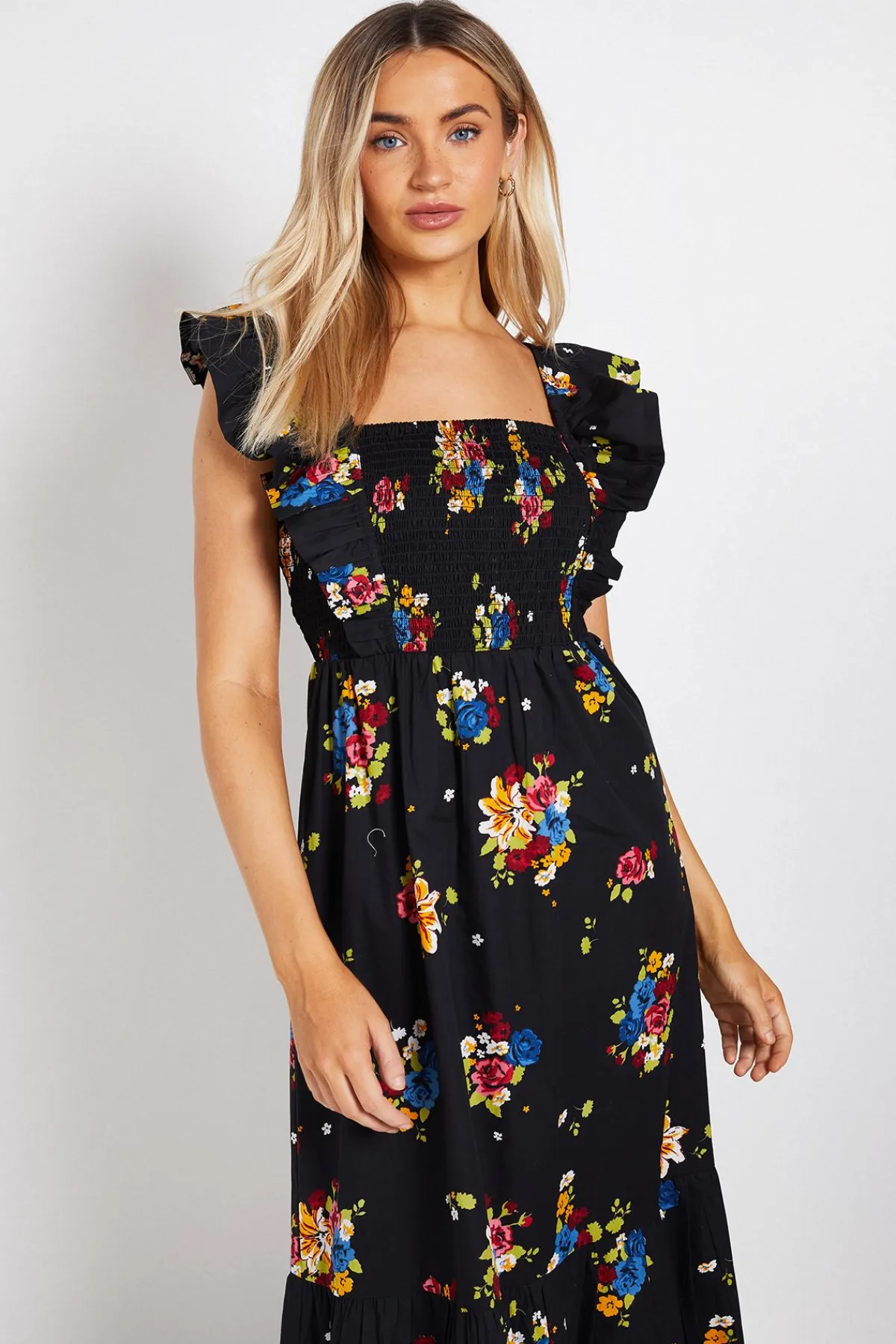 Dorothy Perkins Robe Maxi En Popeline Imprimée À Motif Floral Avec Bustier Froncé Manches À Volants Et Ourlet Étagé<Femme Robes Mi-Longues|Robes