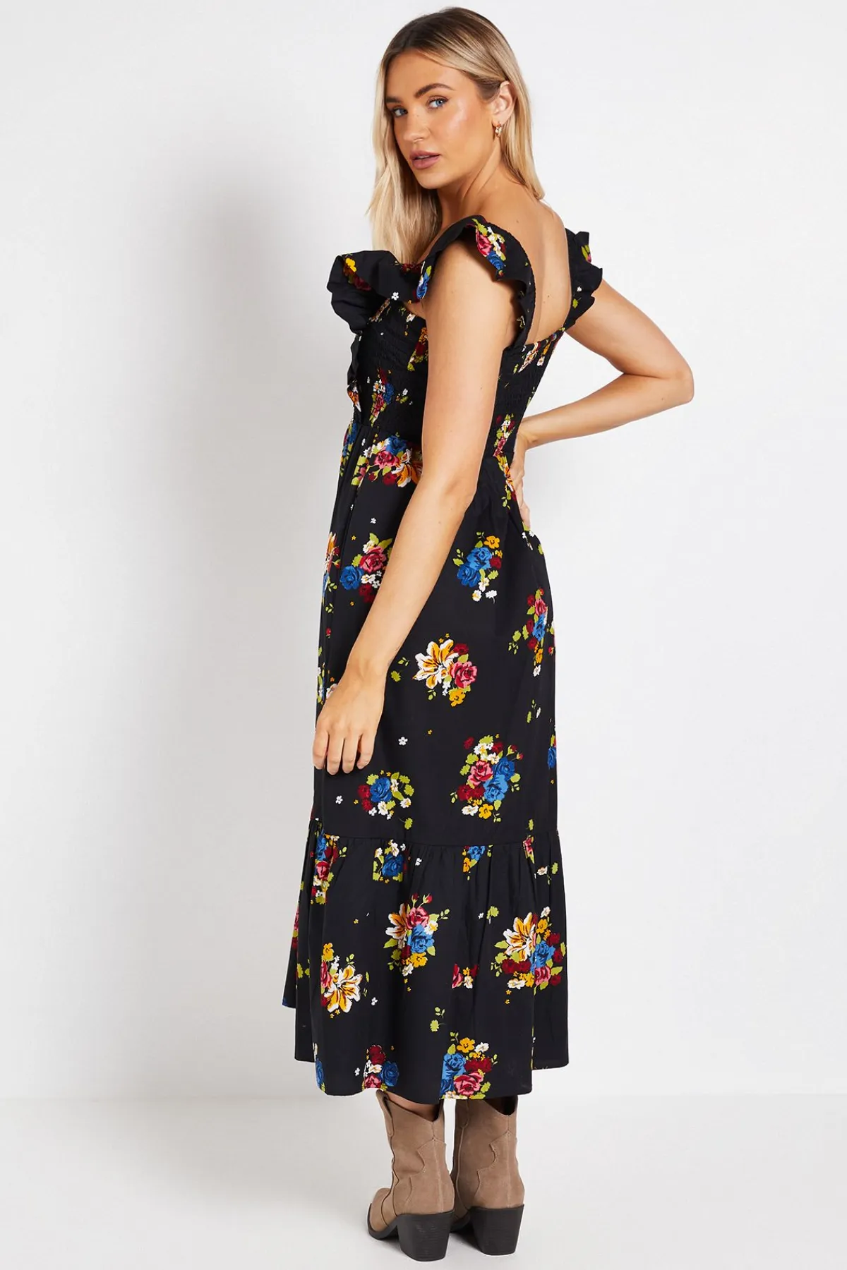 Dorothy Perkins Robe Maxi En Popeline Imprimée À Motif Floral Avec Bustier Froncé Manches À Volants Et Ourlet Étagé<Femme Robes Mi-Longues|Robes