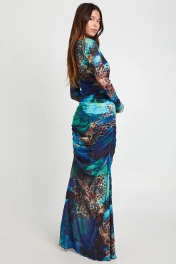 Robe maxi en résille froncée à imprimé animal mixte