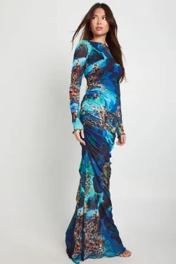 Robe maxi en résille froncée à imprimé animal mixte