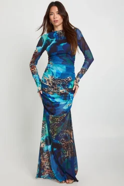 Robe maxi en résille froncée à imprimé animal mixte