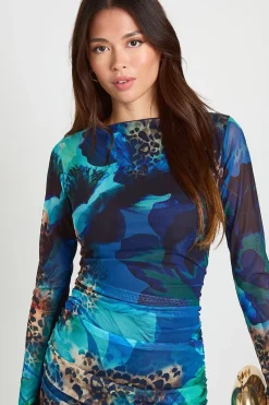 Robe maxi en résille froncée à imprimé animal mixte