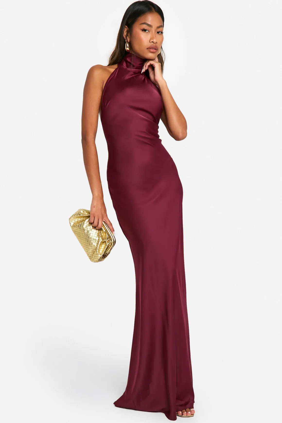 Robe Maxi en Satin à Col Halterneck