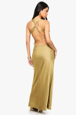boohoo Robe maxi en satin à dos drapé<Femme Robes Demoiselles D'Honneur|Satin Et Dentelle