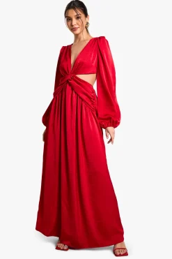 boohoo Robe maxi en satin texturé à découpes plongeantes<Femme Satin Et Dentelle|Robes À Manches Longues