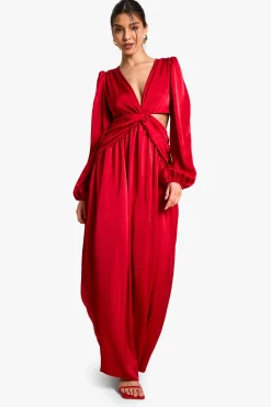 boohoo Robe maxi en satin texturé à découpes plongeantes<Femme Satin Et Dentelle|Robes À Manches Longues