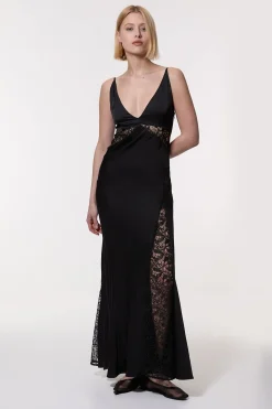 KarenMillen Robe maxi en satin tissé de viscose avec détails en panneaux de dentelle<Femme Satin Et Dentelle|Robes