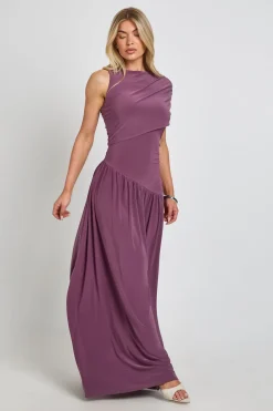 Robe Maxi En Tissu Slinky À Encolure Asymétrique Avec Détails Froncés