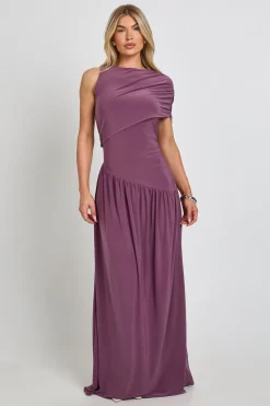 Robe Maxi En Tissu Slinky À Encolure Asymétrique Avec Détails Froncés